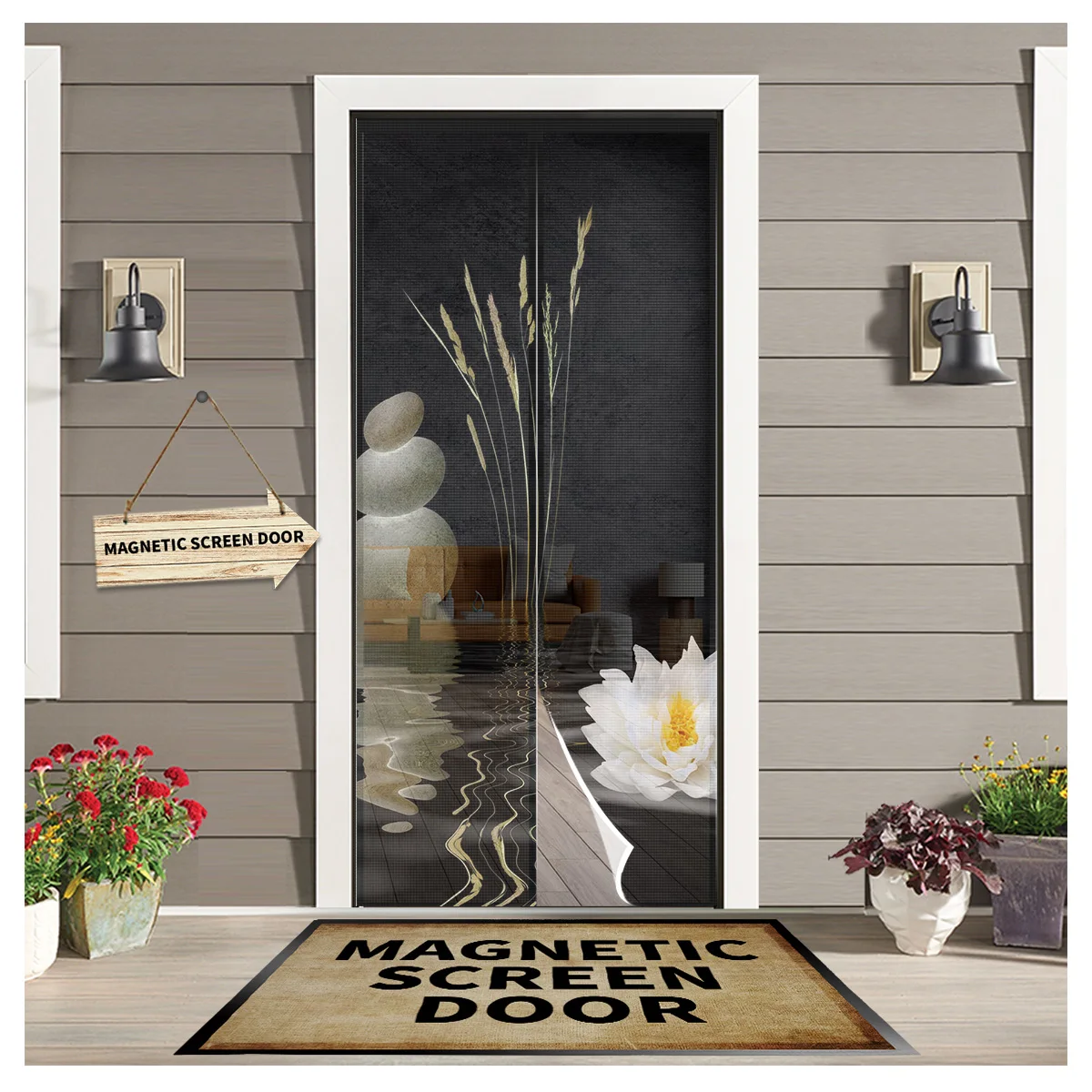 

Занавеска на дверь, кухонная Магнитная навесная сетка от комаров, с белым лотосом, в черном, Летний сезон