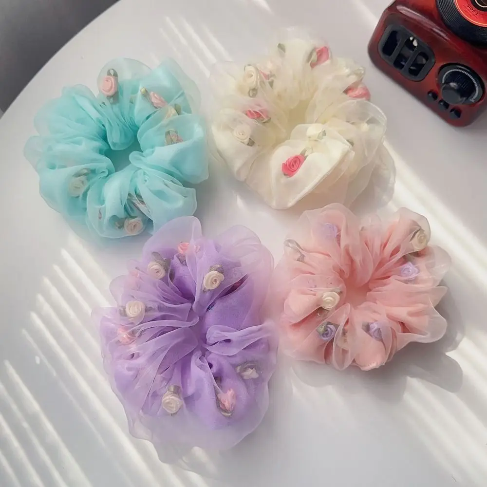 

Hair Rope Ponytail Holder Springs Hair Rings Rose Flower Mesh Flower Scrunchies Hair Rubber Bands Women Hair Ties