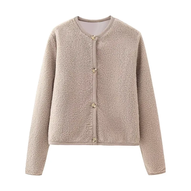 

Новое женское короткое пальто из овечьей шерсти, модный Однобортный Теплый кардиган с круглым вырезом и длинным рукавом, модный теплый топ в уличном стиле