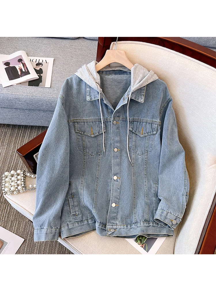 

Осенняя женская джинсовая куртка 2022, повседневные синие куртки с капюшоном в Корейском стиле, женские свободные повседневные джинсовые кур...