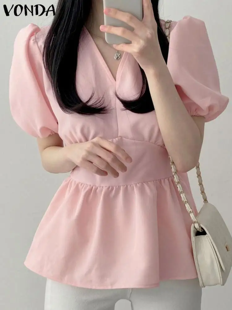 

VONDA Summer Elegant Tunic Tops Women Short Sleeve Ruffled Blouses 2023 Sexy V-Neck Fashion Shirts Casual Solid Color Blusas