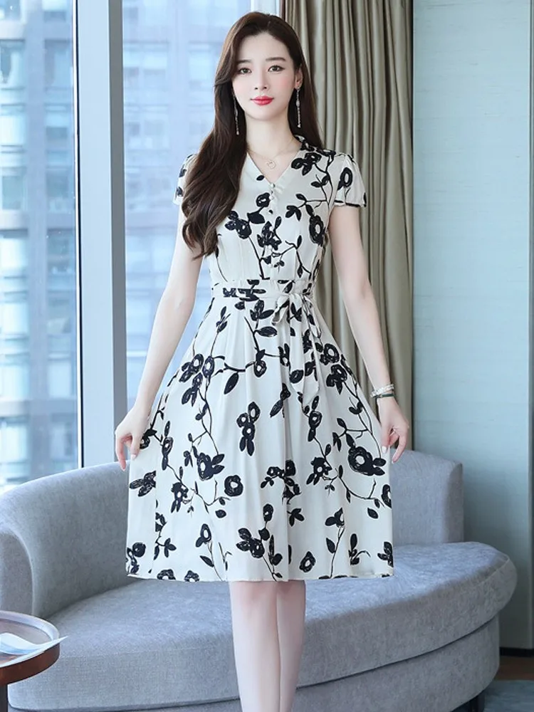 

Vintage Floral Print Short Sleeve Dress Women 2022 Summer New Ladies Casual Hight Waist With Sashes V-neck Collar Party Dresses