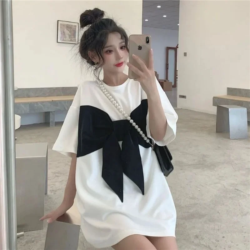 

Women T-shirts Fake Two Pieces Stylish Design Lady Tops Baggy Korean Style Casual Kpop Preppy Schoolgirl All-match Streetwear