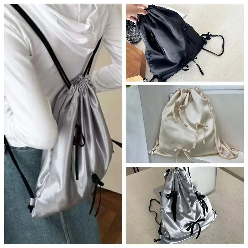 Портативный атласный рюкзак на шнурке с бантом вместительный дорожный Y2K женская