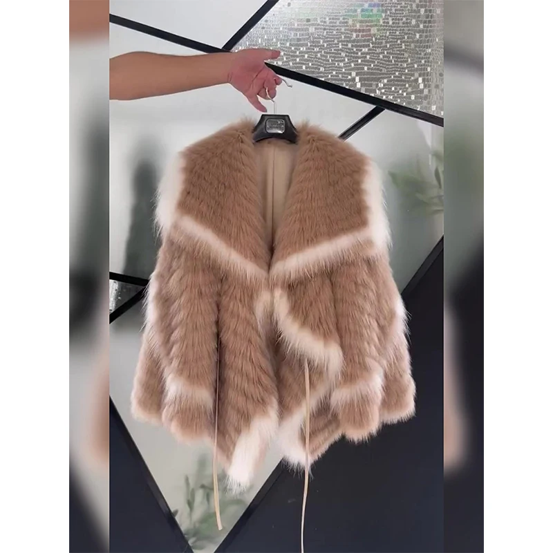 2022 New Beautiful Winter Clothes Woman Popular White Faux Fur Coats High-End Color Contrast Long Sleeve Furry Jacket for Women