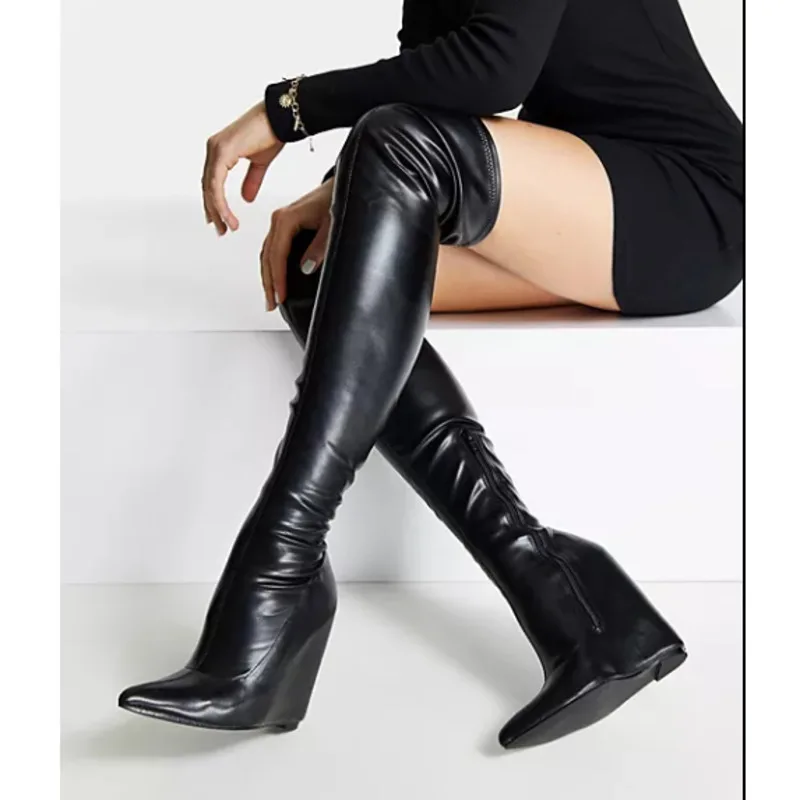 

New Brand Knee High Boots For Women Fashion Black Wedge Heels Pointed Toe Over The Knee Boots 2022 Large Size Ladies Shoes