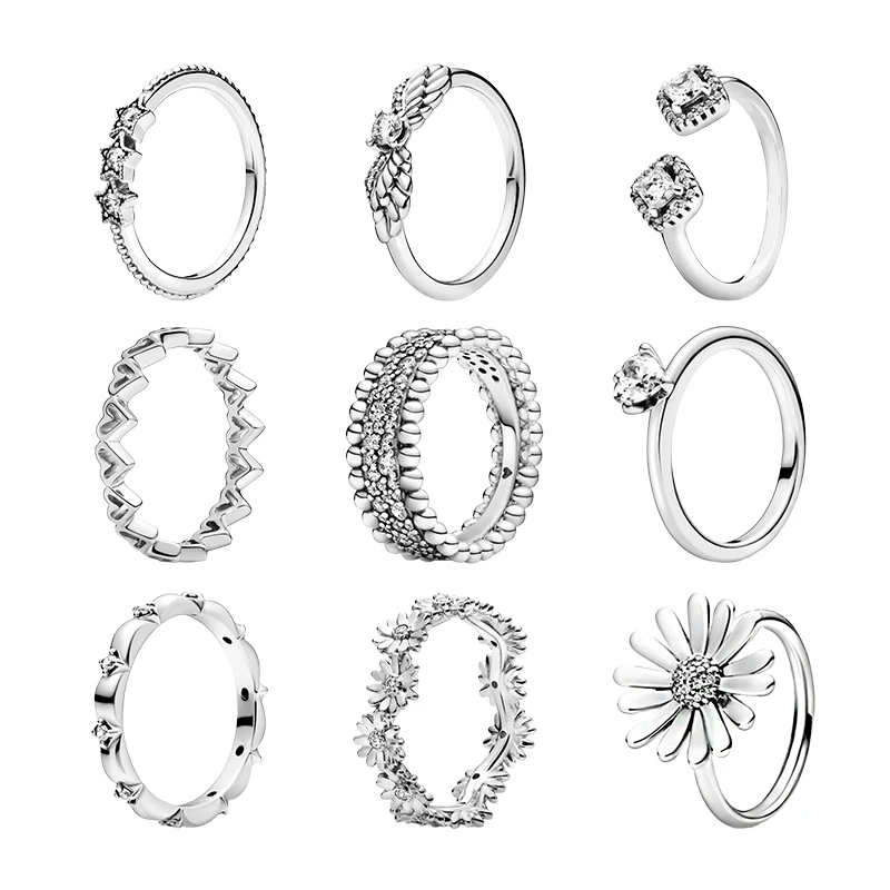

925 Sterling Silver Stack Finger Rings For Women Jewelry Stars Angel Wings Freehand Hearts Solitaire Daisy Flower Petals Crown