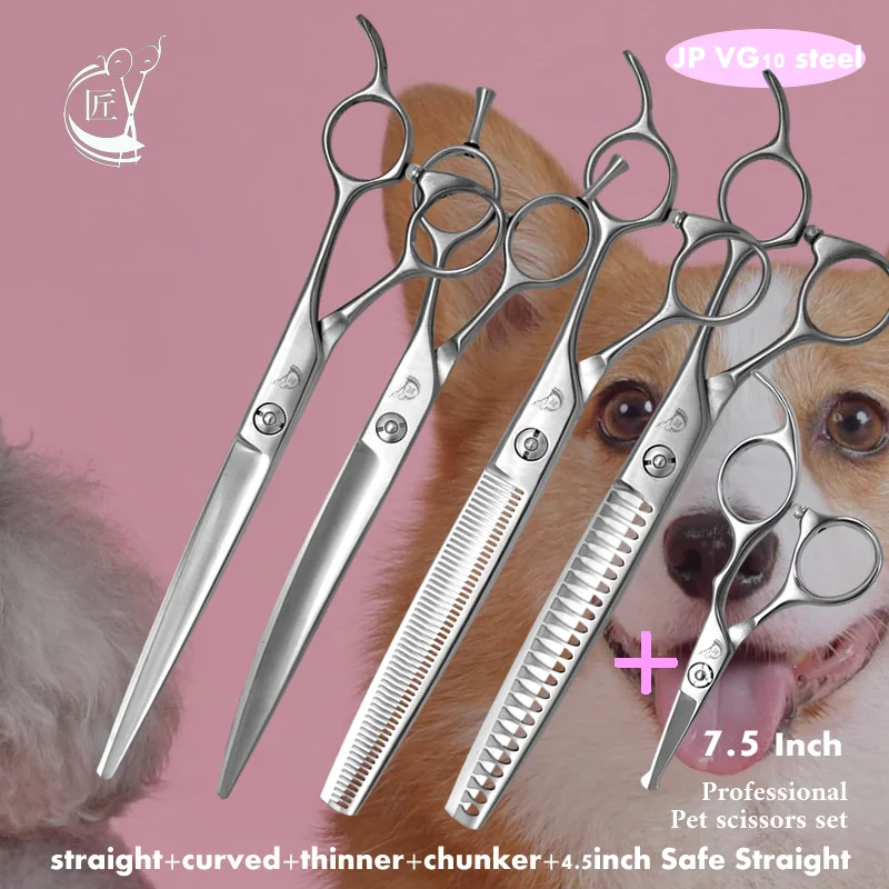 

Crane 7.5 Inch Professional Pet Scissors Set For Dog Grooming Scissor Straight Curved Chunker Thinning Pet Shears VG10 Steel