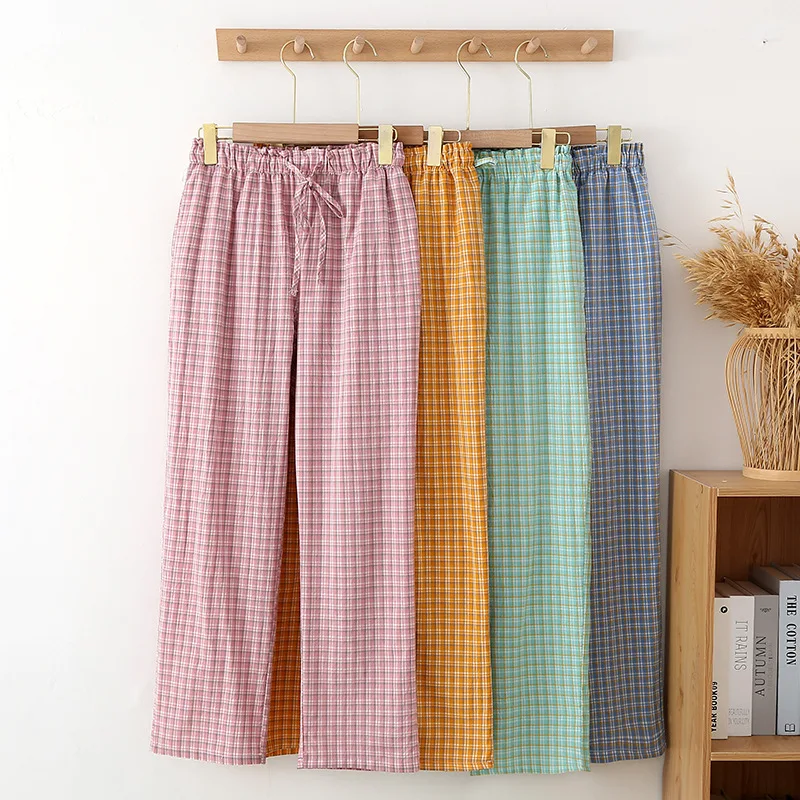 

Thin Casual Washed Cotton Trousers Plaid Pants For Women Bottoms New Spring Summer Pajamas Clothes For Sleep Room Wear