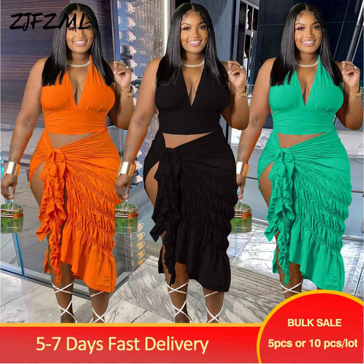 

Bulk Items Wholesale Lots Vintage Women's Holiday Sets Chic Mounted Neck Backless Crop Top+irregular Shape Pleated Midi Skirts