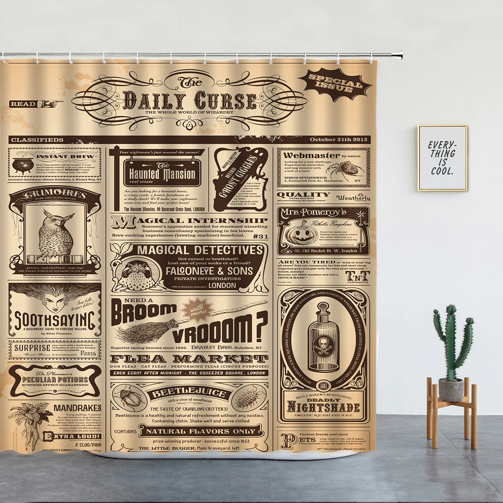 

Paris Shower Curtain Vintage Old Historic Newspaper French Paper Lettering Art Design Cloth Fabric Bathroom Decor Set with Hooks