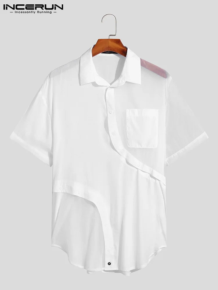 INCERUN Tops 2022 Casual Well Fitting Men's Lapel Pocket Blouse Stylish Male Hot Sale Stitching Mesh Short-sleeved Shirts S-5XL