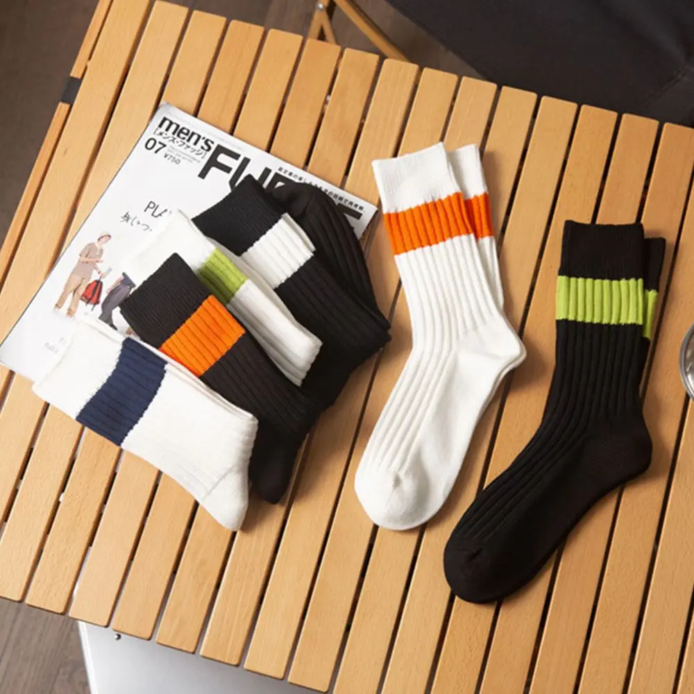 

Harajuku Solid Colors Stripe Pattern Street Trendy Sports Cotton Socks Men Socks Korean Style Hosiery Mid-calf socks