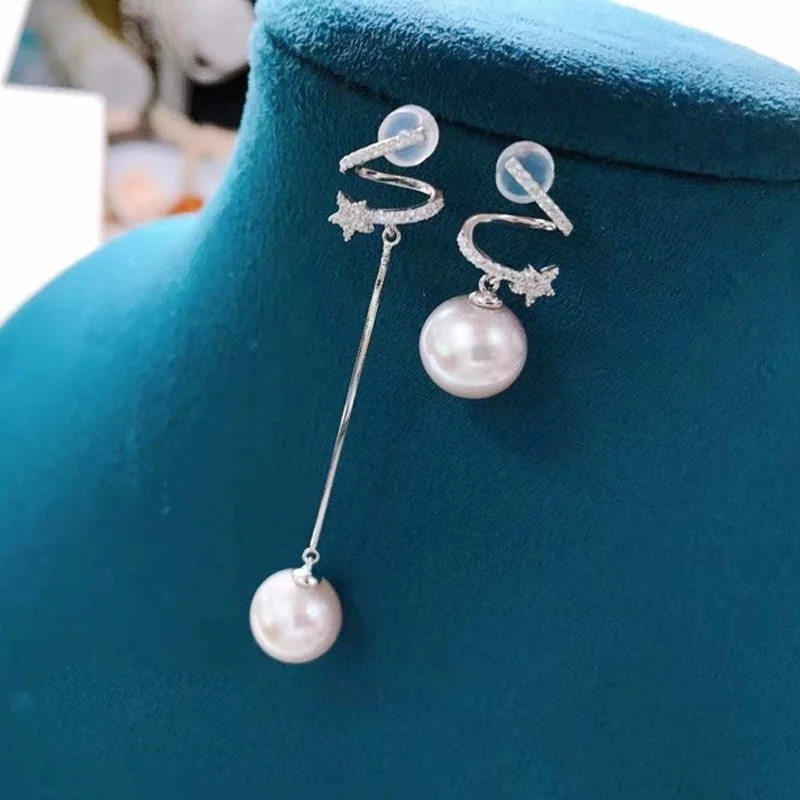 

MeiBaPJ 9-10mm Natural Round Pearl Fashion Asymmetric Star Drop Earrings 925 Silver Empty Tray Fine Wedding Jewelry for Women