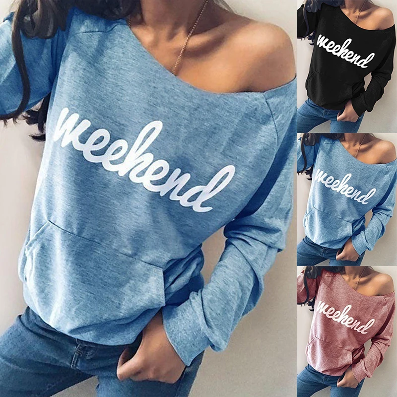 

Women's 2022 Autumn and Winter New Fashion Personality Pullover English Alphabet Print Off-the-shoulder Long Sleeved S-2XL