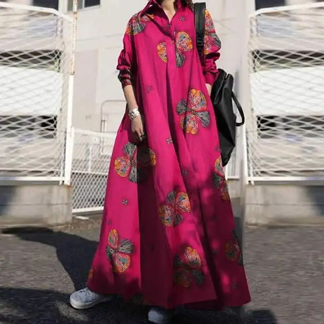 

Винтажное Хлопковое платье-макси с длинным рукавом, 4 цвета