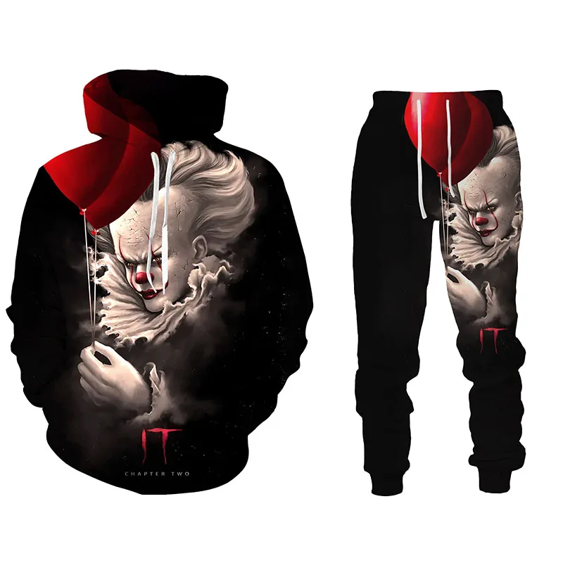 

Men's Hoodies sweatpants 2 Piece Set Men Sportswear Tracksuit Long Sleeve Oversized Clothing Suit Autumn 3D Demon Clown Printed