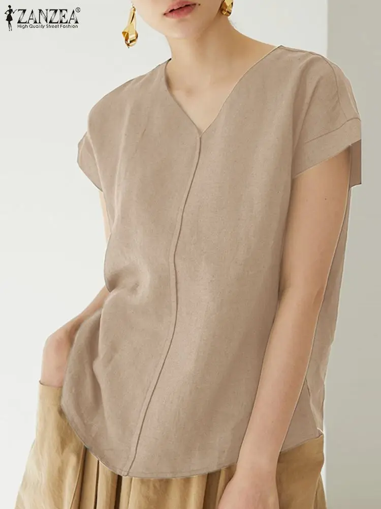 

ZANZEA Fashion Summer V Neck Short Sleeve Blouse Women Elegant Solid Loose Shirt Casual OL Work Tops Female Party Blusas Chemise