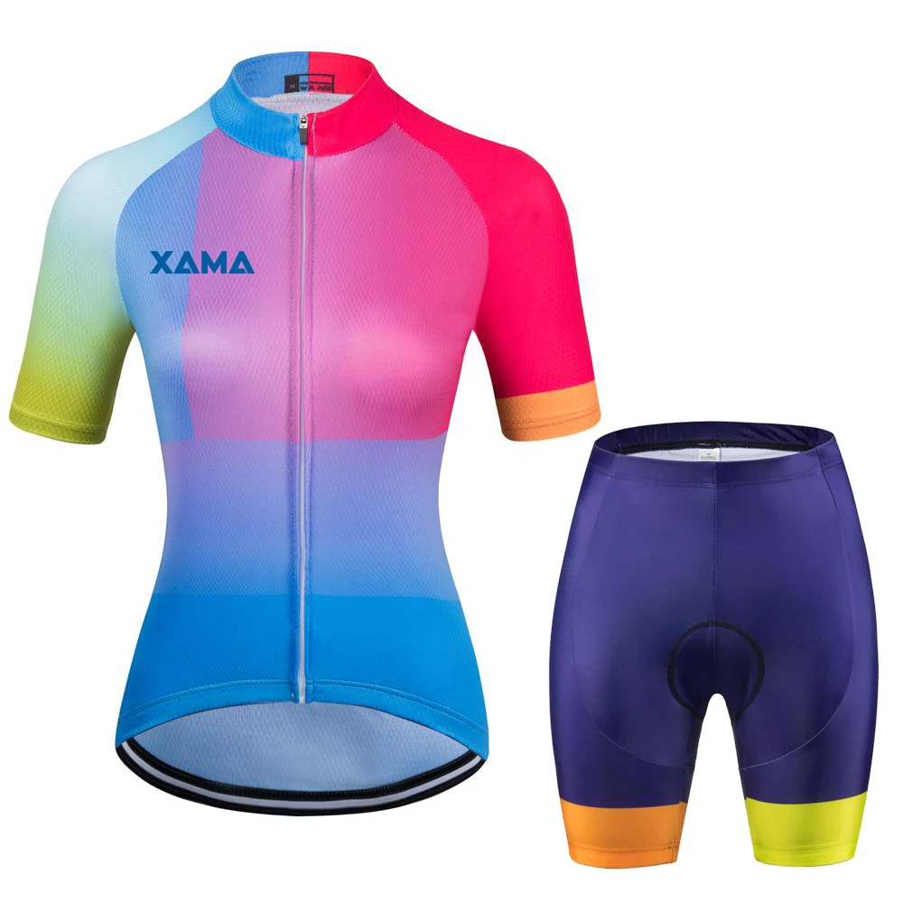 

2022XAMA Pro Women's Miticolor Short Sleeve Cycling Jersey Bib Pant Conjunto Feminino Ciclismo Gel Pink Pad Maillot Mujer Summer