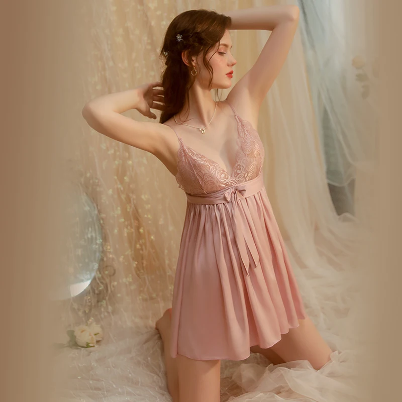Underwear Nightgown Sexy Solid Color Lace Deep V Pajamas Backless Suspender Nightdress Women's Home Wear Lingerie Nighty Dress