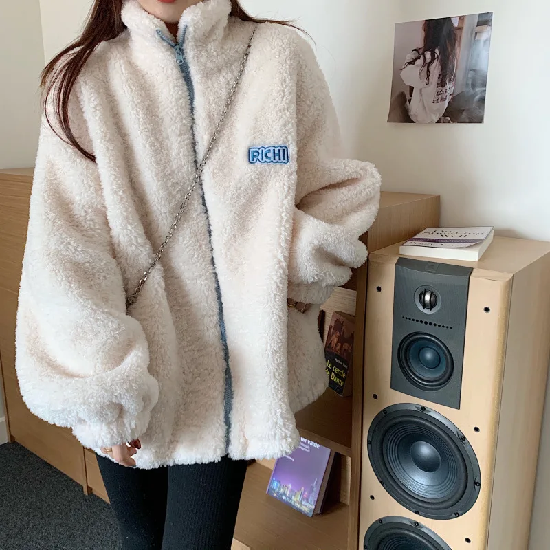 Women Lamb Fur Jacket Velvet Letter Long Sleeve Lambswool Oversized Coat Fashion Casual Korean Style Warm Fluffy Teddy Jackets