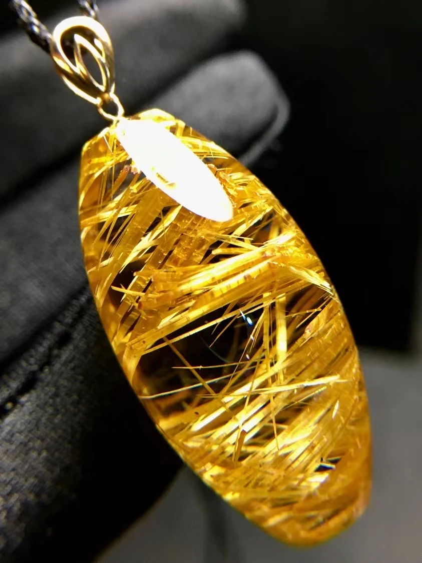 

Natural Gold Rutilated Quartz Barrel Bead Pendant Necklace 33.2*17.4*15.6mm Yellow Rutilated Jewelry Women Brazil AAAAAAA