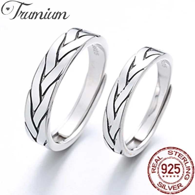 

Trumium 925 Sterling Silver Oxidized Celtic Knot rings for couple Braided Texture Twisted Eternity Band Lover Ring Open Jewelry