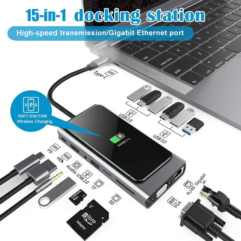 

USB C концентратор док-станция для ноутбука мультипорт PD VGA HDMI-совместимый USB 3,0 2,0 концентратор беспроводной зарядки TF SD ридер RJ45 для mac book