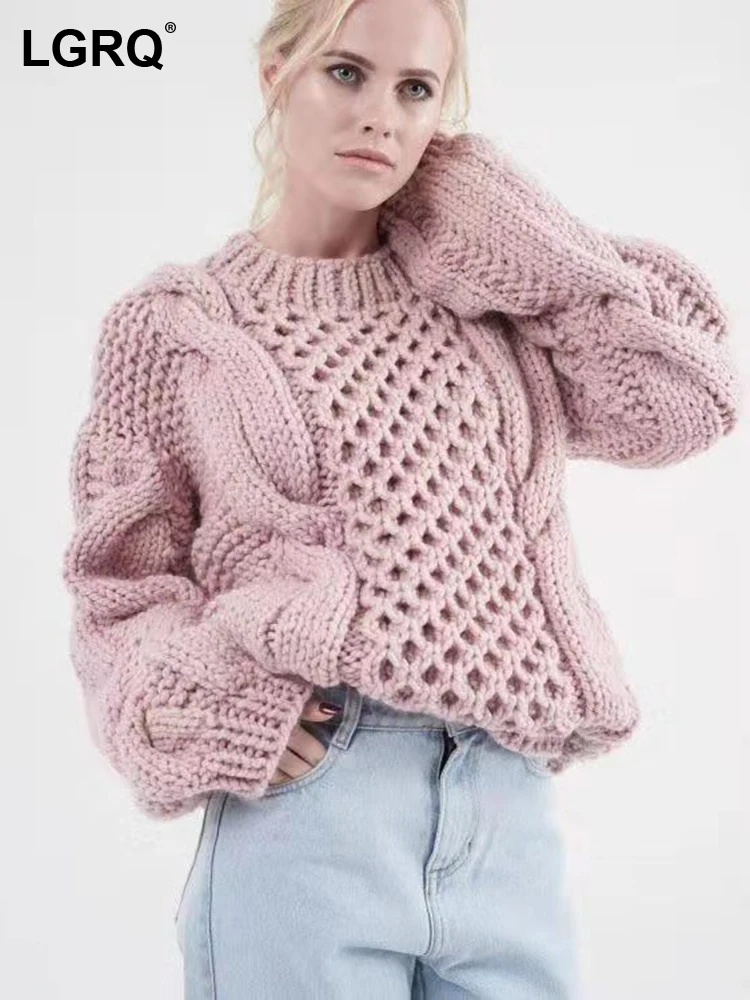 

LGRQ 2023 Autumn Winter Thickened Handwoven Knitted Pullover Women's Loose Solid Color Mesh Hollow Out Fashion Sweater 19F3312