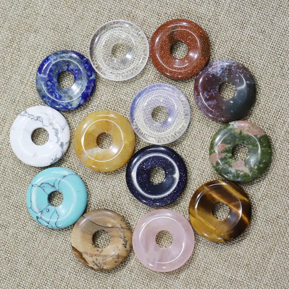 

25MM Natural Large Kong Beads Agate Necklaces Tiger Eye Pine Stone And Flat Buckle Pendants DIY Fashion Jewelry Making 9Pcs/ Lot