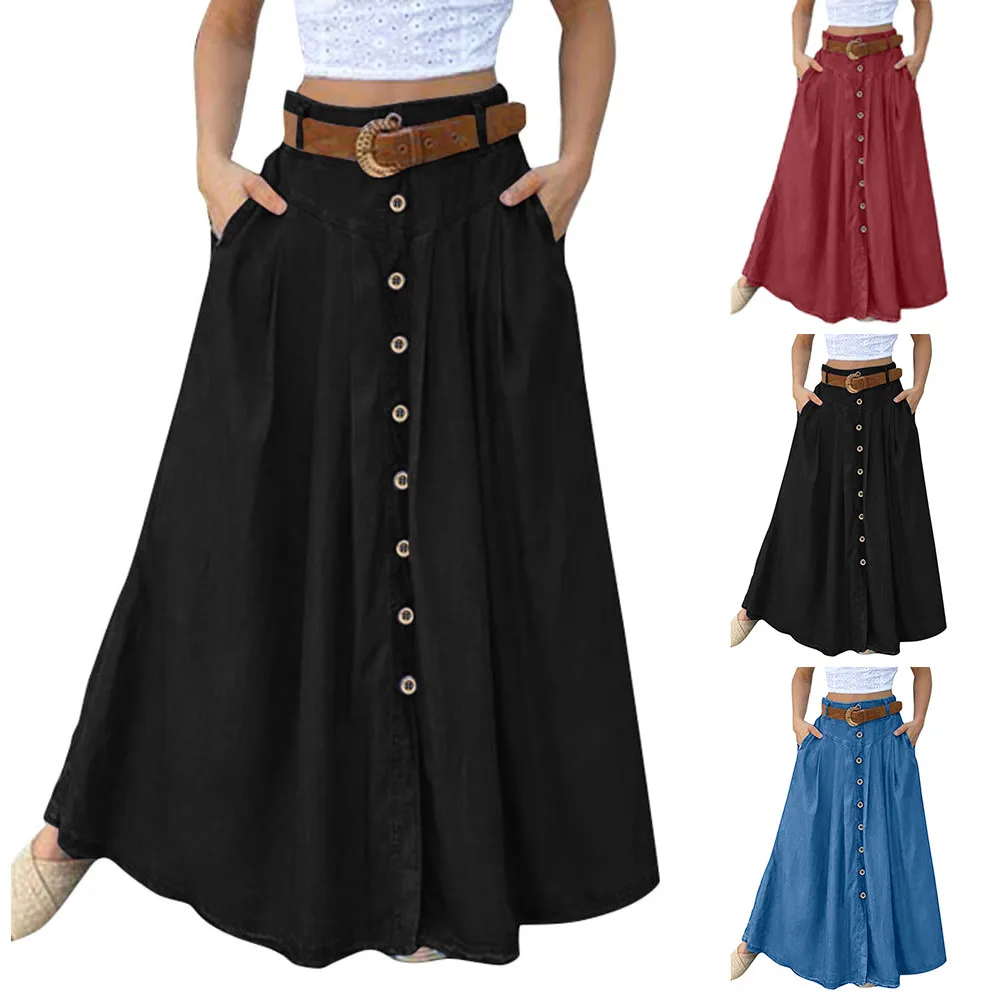 

Women's Casual Retro High Waist Solid Color Wrap Button Loose Belt Pocket Midi Dress Leisure Popular Skirts For Women 2023