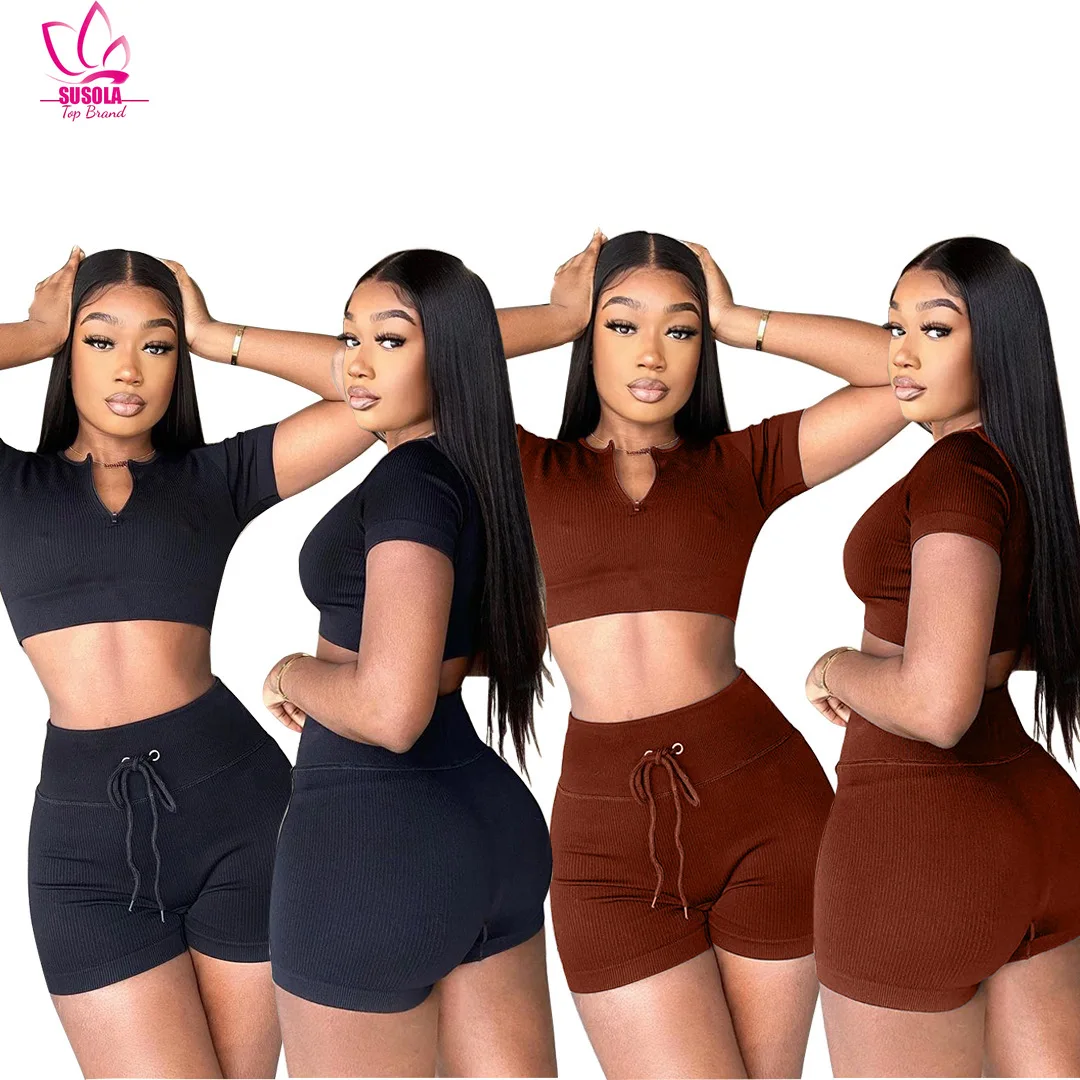 

SUSOLA Summer Clothes Club Outfit For Woman Sexy Two Piece Set Women Ribbed Zipper Crop Top And Drawstring Shorts Sport Sets