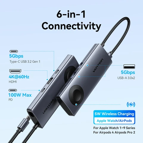 Vention USB C Hub 4K 60Гц Беспроводное зарядное устройство для iWatch