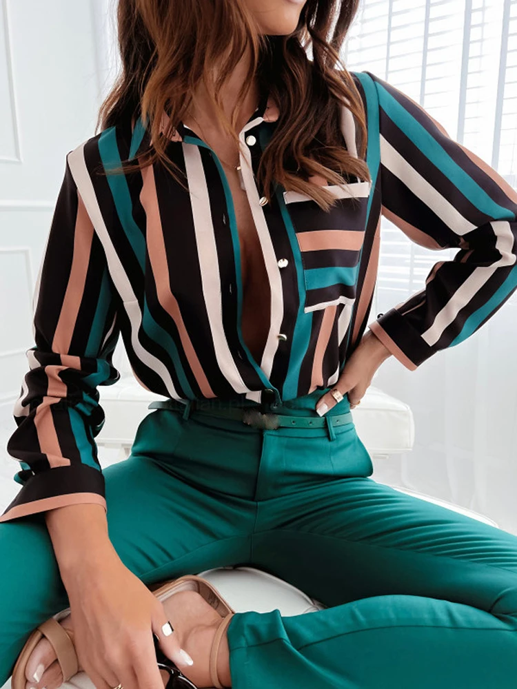 Elegant Long Sleeve Print Shirt Blouse Women Casual Ladies Office Button Striped Shirts For Women Blouses Spring Fall Slim Top