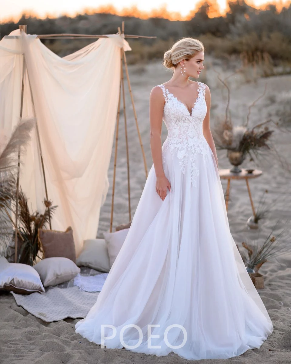 

POEO Illusion Wedding Dresses MM084 Tulle V-Neck Sleeveless Floor Length Appliques Bridal For Wedding Gowns Vestidos De Novia