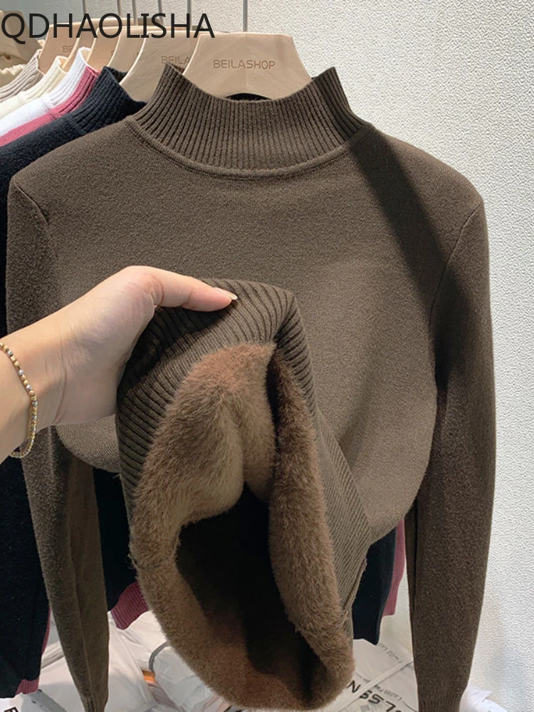

Korean Fashion Women's Sweater Autumer Winter Half High Collar Long Sleeve Plush Thick Warm Pullovers Casual Solid Undershirts