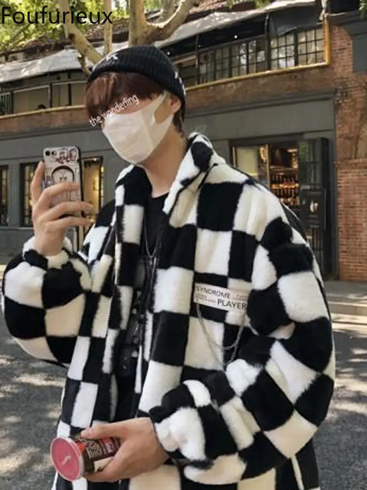 

Foufurieux Black and White Checkerboard Jacket Male Pattern Stand-up Collar 2022 Winter Thickened Zipper Fashion Korean Hot Sale
