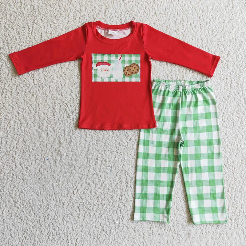 

Рождественская зимняя детская одежда, рубашка с длинным рукавом с принтом Санты, молока, печенья и клетчатые брюки, комплект из двух предмет...