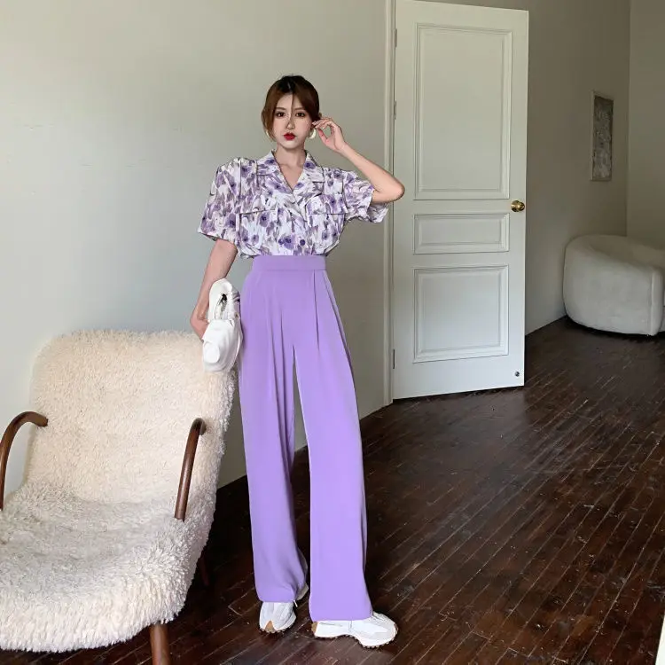 

Women 2022 Summer New Korean Suits Female Floral Short Sleeve Blouses + High Waist Wide-leg Pants Ladies Two-piece Sets Y144