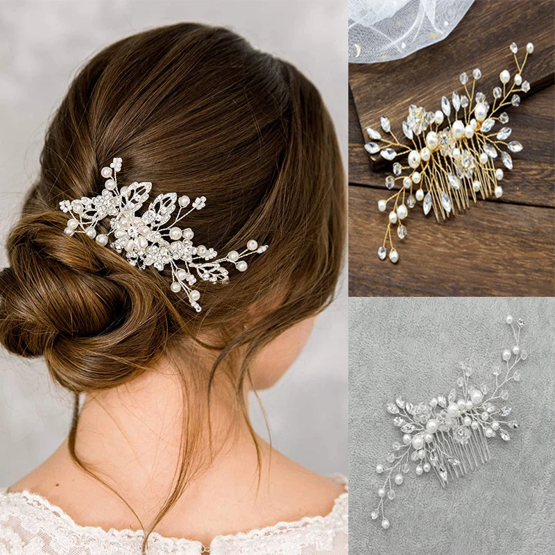 Bridal Hair Comb Clip Crystal Rhinestone Pearl Wedding Hair Jewelry Accessories for Bride Bridesmaid Handmade Headpiece Ornament