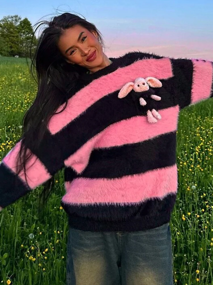 

Dulzura/вязаный свитер в полоску с длинными рукавами и круглым вырезом; Уличная одежда с объемным кроликом; Прямая поставка; Вечерние на День рождения; Y2K