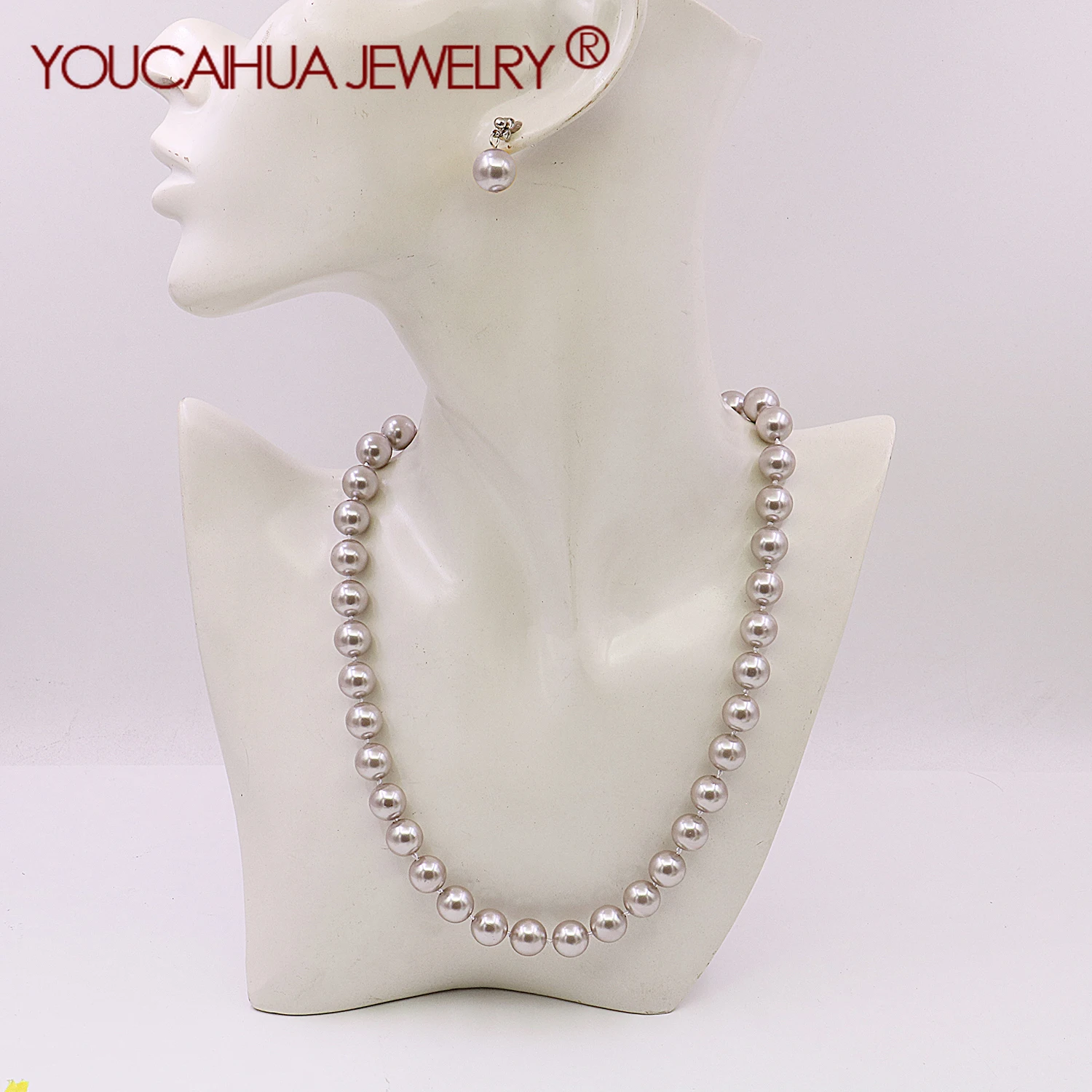 

8/10/12/14mm Natural light Gray Shell Round Bead Pearl Necklace/earring Set,Rhinestone Clasp,Women's Jewelry Making/design