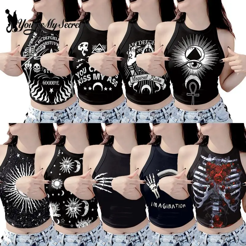 

[You're My Secret] Women Summer Sleeveless Slim Tank Tops Punk Gothic Sexy Black Knitted O-neck Crop Vest Top Streetwear
