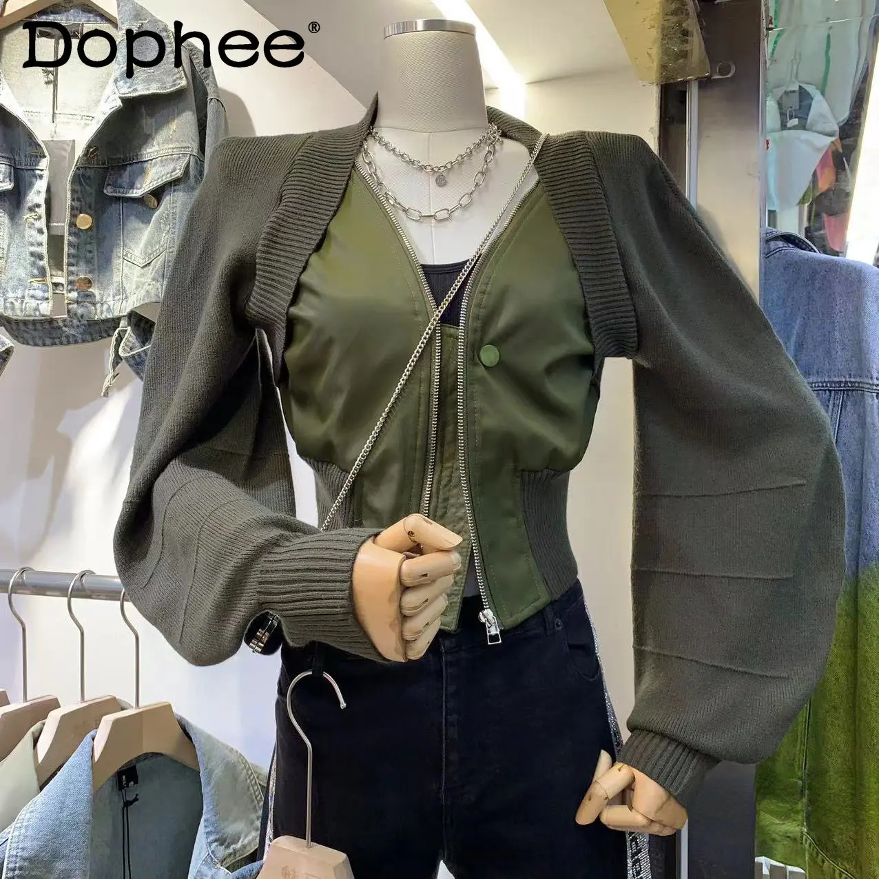

Korea Fashion Army Green Jacket Knitting Sleeve Patchwork V Neck Zipper Coat 2022 Autumn New Slim Fit High Waist Short Jackets