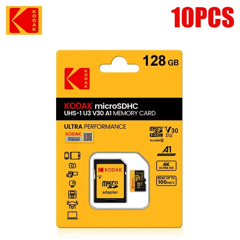 10 шт. Kodak оригинальная TF Micro SD карта 128 Гб памяти Microsd C10 U3 флэш-карта 64 ГБ с