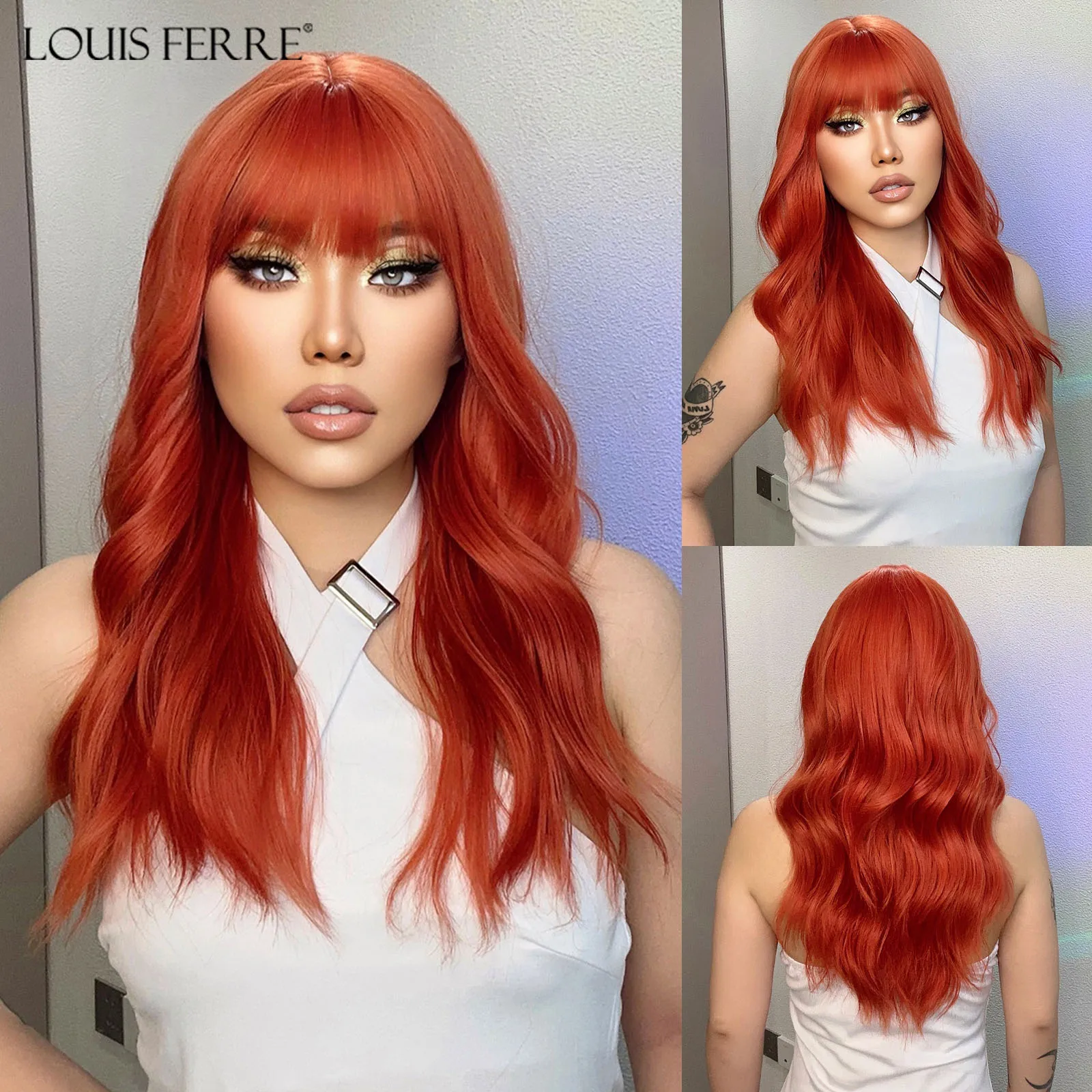

LOUIS FERRE Long Orange Red Synthetic Wig Natural Wave Women Wig With Bangs Cosplay Party Natural Heat Resistant Fiber Wig Hair