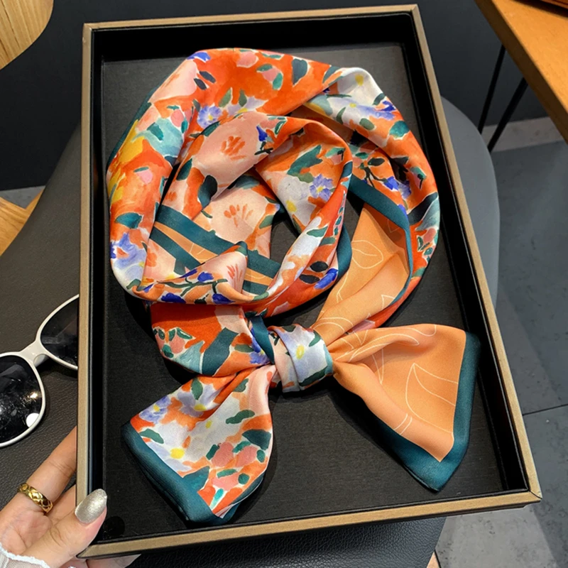 Классический атласный Шелковый тонкий шарф с принтом для женщин дизайнерские