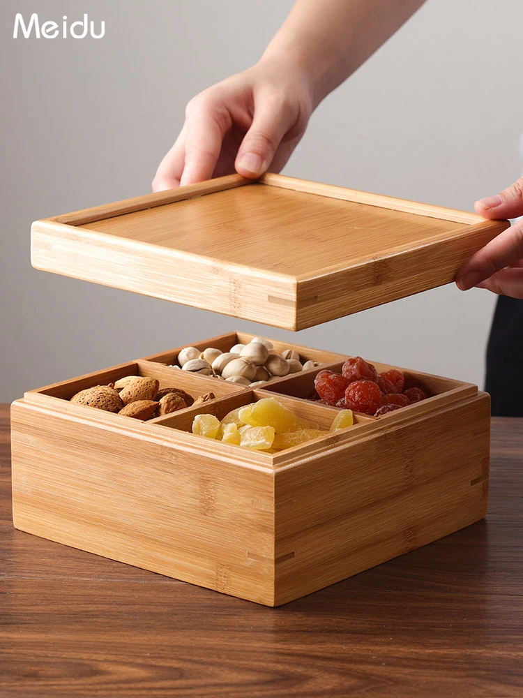 Storage Box Bamboo Nut Box Solid Wood Divided Fruit Plate with Lid Chinese Household Snack Dish Living Room Dried Fruit Plate