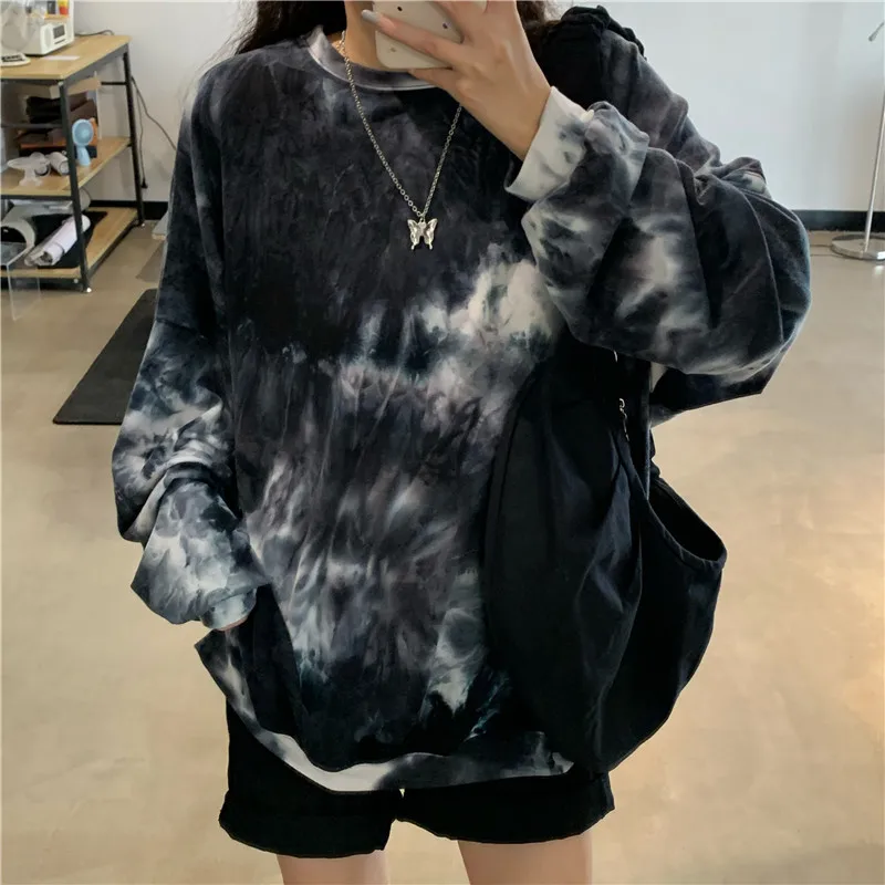 

2023 Women Tie Dye Print Oversized O Neck Long Sleeve Tees Autumn Spring Korean Style Streetwear Loose T Shirt Vintage Tops