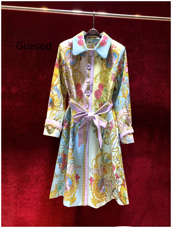 

Guesod Women Fashion Print Top Selling Chic Autumn Slim Elegant Medium Length Trench Outerwear 2022 New Arrive